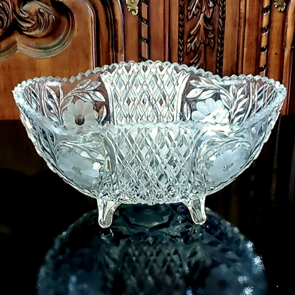 Antique American Brilliant 11" Oval 4 footed Bowl